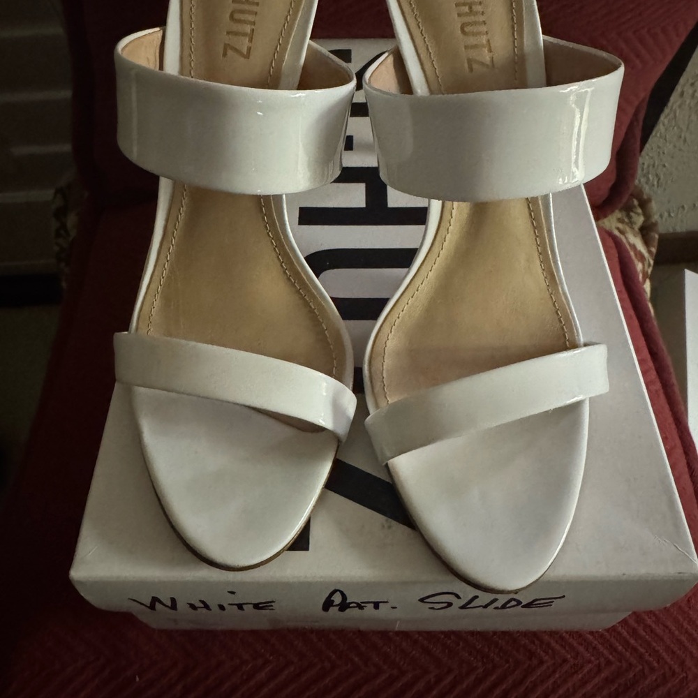 SCHUTZ White Patent Double-Strap Heeled Slides. Womens 8M.